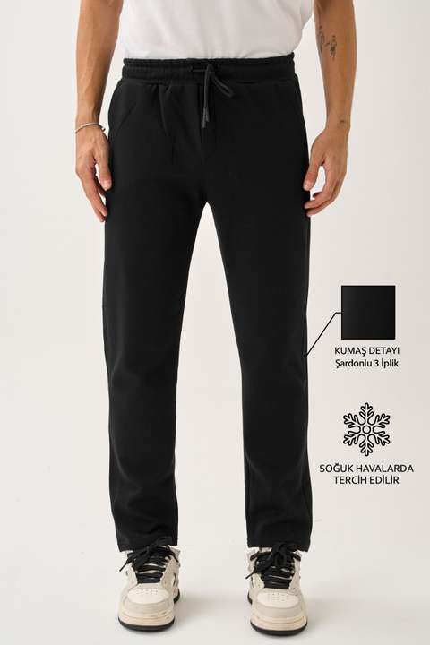 Siyah Erkek Üç İplik İçi Pamuklu Kalın Kumaş Eşofman Alt E219