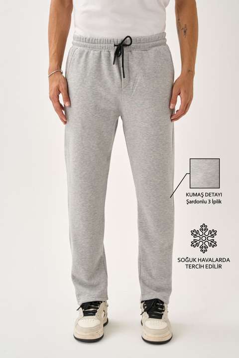 Açık Gri Erkek Üç İplik İçi Pamuklu Kalın Kumaş Eşofman Alt E219