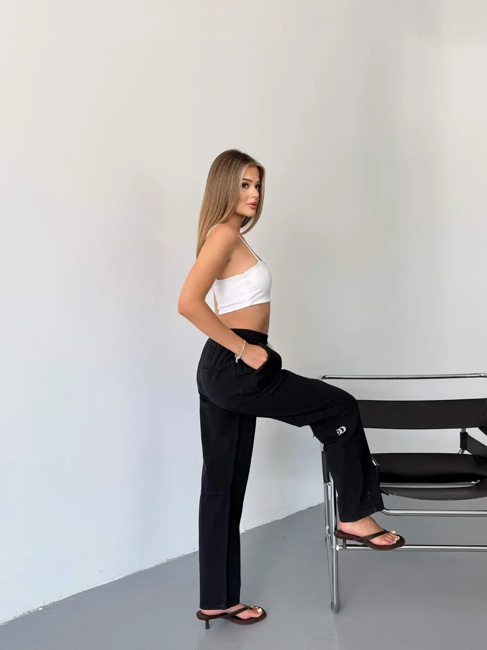 Kadın Keten Pantolon Dikiş & Nakış Detaylı Rahat Kalıp Pantolon