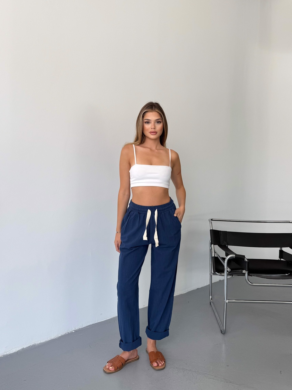 Kadın Keten Pantolon Dikiş & Nakış Detaylı Rahat Kalıp Pantolon