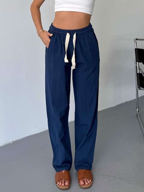 Lacivert Kadın Keten Pantolon Dikiş & Nakış Detaylı Rahat Kalıp Pantolon W215