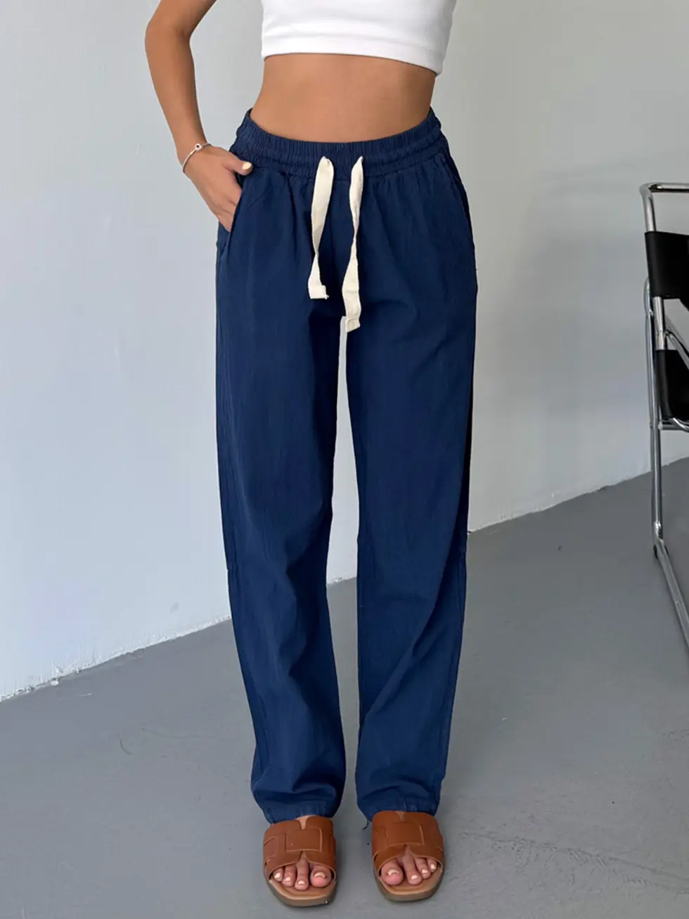 Kadın Keten Pantolon Dikiş & Nakış Detaylı Rahat Kalıp Pantolon