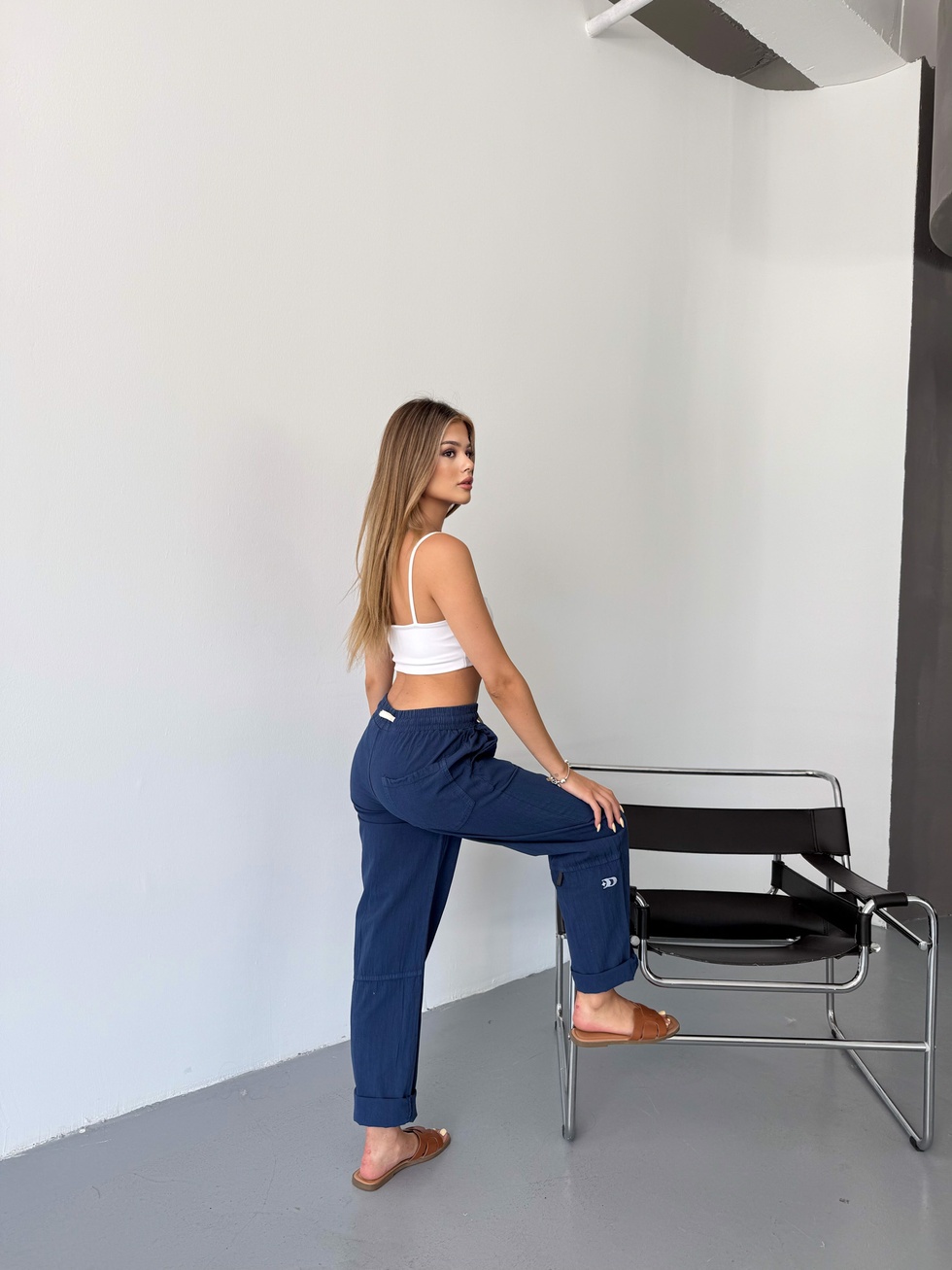 Kadın Keten Pantolon Dikiş & Nakış Detaylı Rahat Kalıp Pantolon