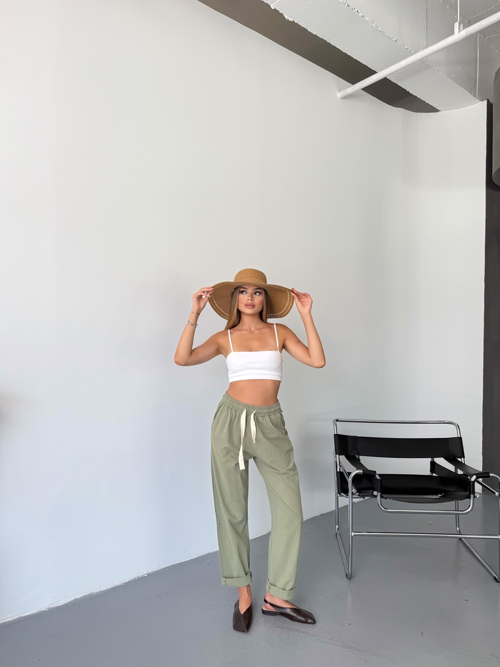 Kadın Keten Pantolon Dikiş & Nakış Detaylı Rahat Kalıp Pantolon