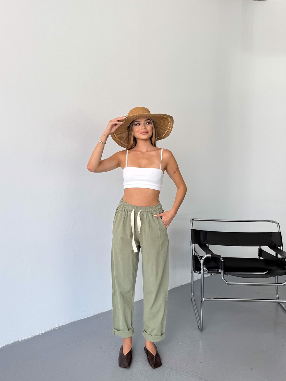 Kadın Keten Pantolon Dikiş & Nakış Detaylı Rahat Kalıp Pantolon