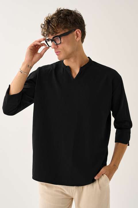 Siyah Erkek Fakir Kol V Yaka Rahat Kalıp %100 Pamuk Gömlek E211