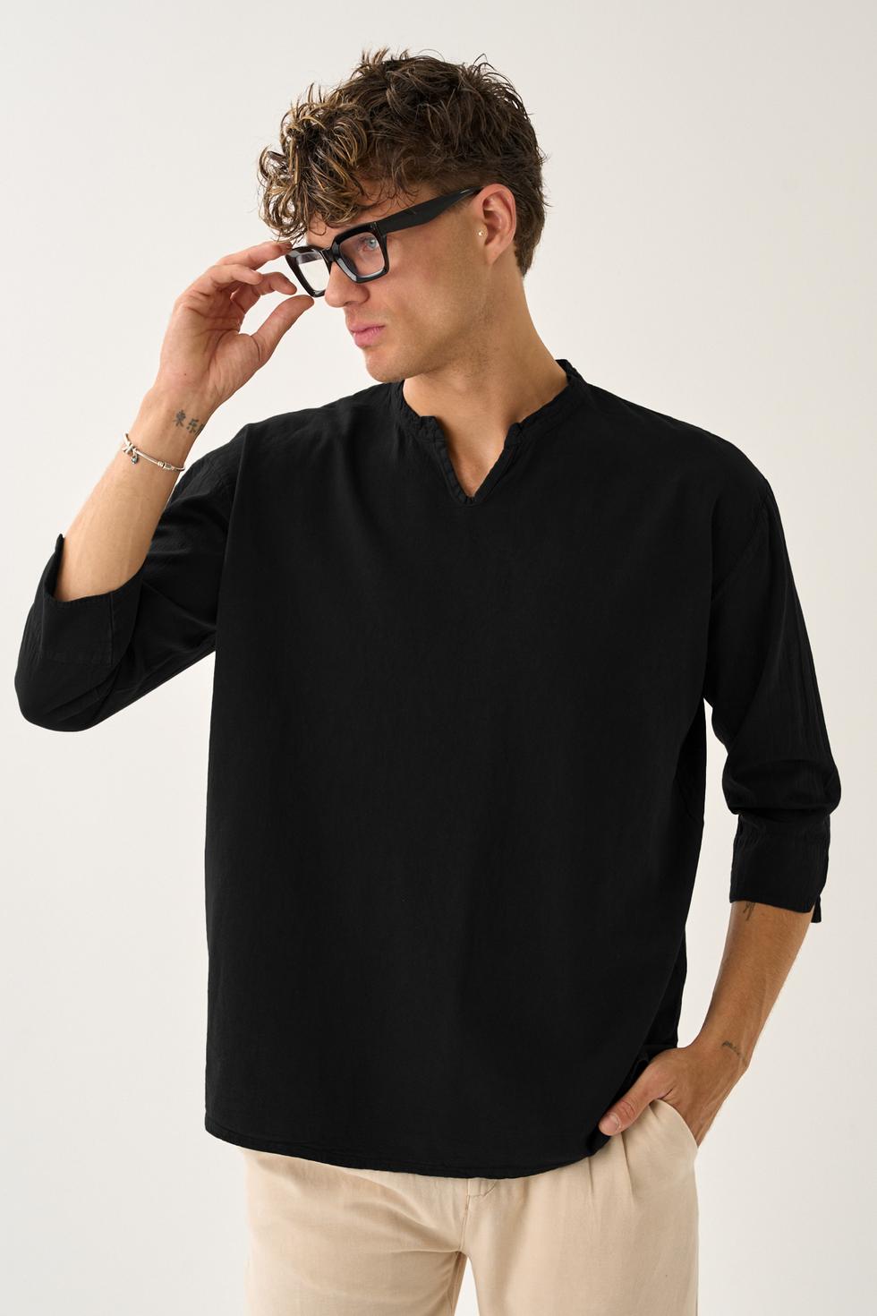 Erkek Fakir Kol V Yaka Rahat Kalıp %100 Pamuk Gömlek