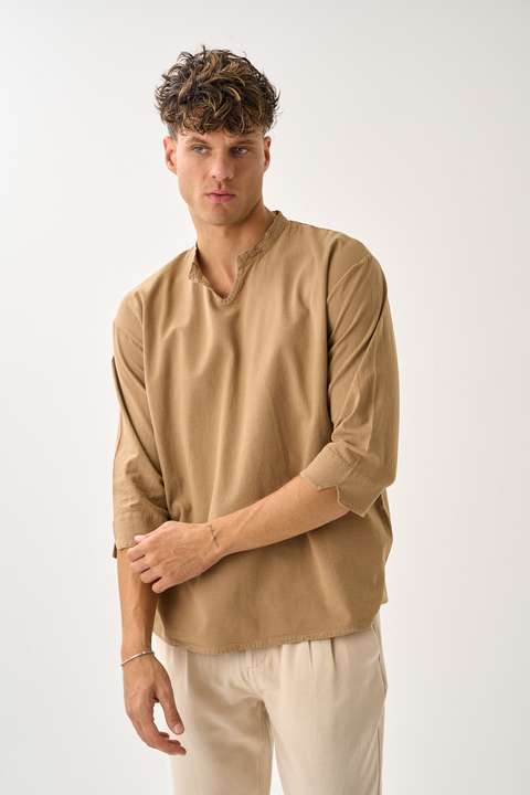 Toprak Erkek Fakir Kol V Yaka Rahat Kalıp %100 Pamuk Gömlek E211