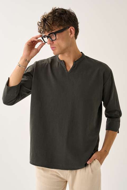 Koyu Haki Erkek Fakir Kol V Yaka Rahat Kalıp %100 Pamuk Gömlek E211
