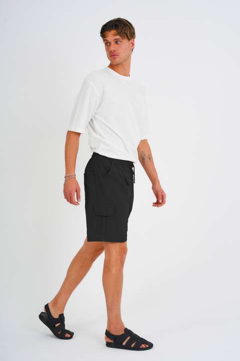 Siyah Yazlık Keten Görünümlü Kargo Cep Lastikli, Bol Kesim Koyu Gri Şort E201