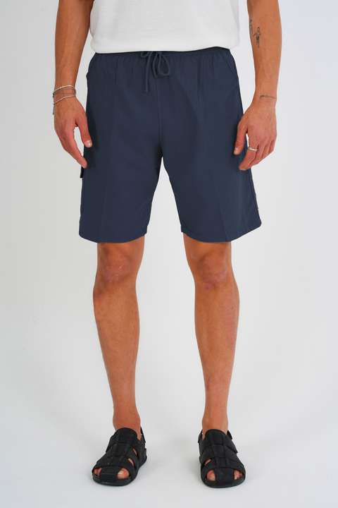 Lacivert Yazlık Keten Görünümlü Kargo Cep Lastikli, Bol Kesim Koyu Gri Şort E201