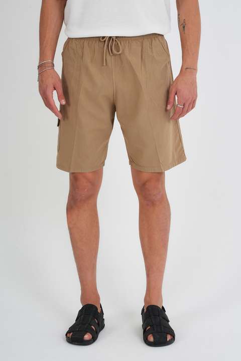 Toprak Yazlık Keten Görünümlü Kargo Cep Lastikli, Bol Kesim Koyu Gri Şort E201