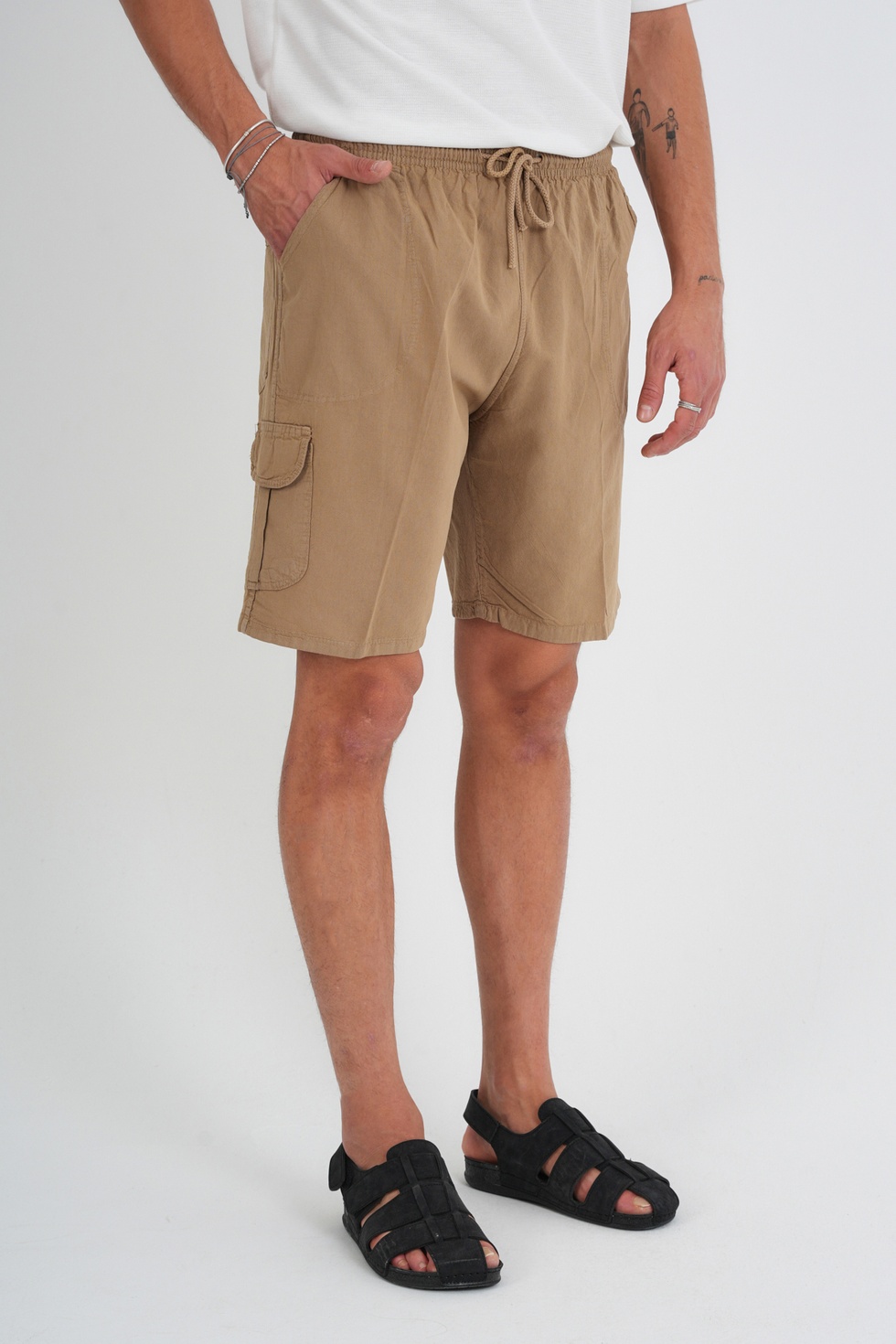 Yazlık Keten Görünümlü Kargo Cep Lastikli, Bol Kesim Şort