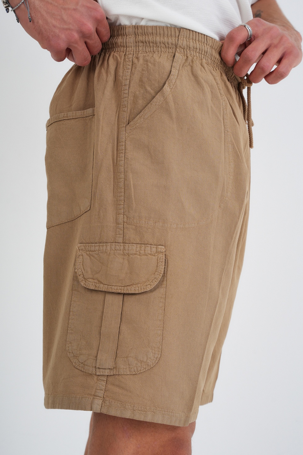 Yazlık Keten Görünümlü Kargo Cep Lastikli, Bol Kesim Şort