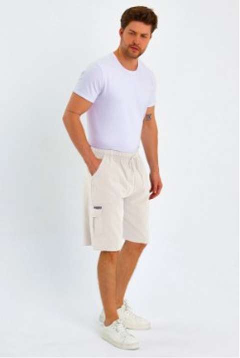 Ekru Yazlık Keten Görünümlü Kargo Cep Lastikli, Bol Kesim Koyu Gri Şort E201
