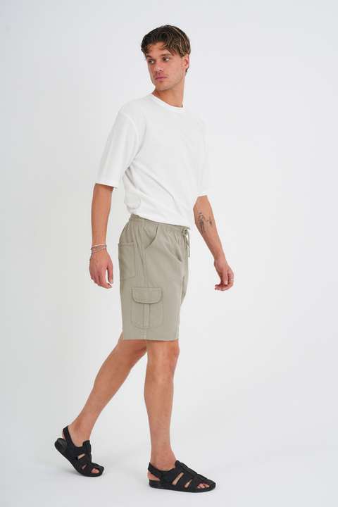 Taş Yazlık Keten Görünümlü Kargo Cep Lastikli, Bol Kesim Koyu Gri Şort E201