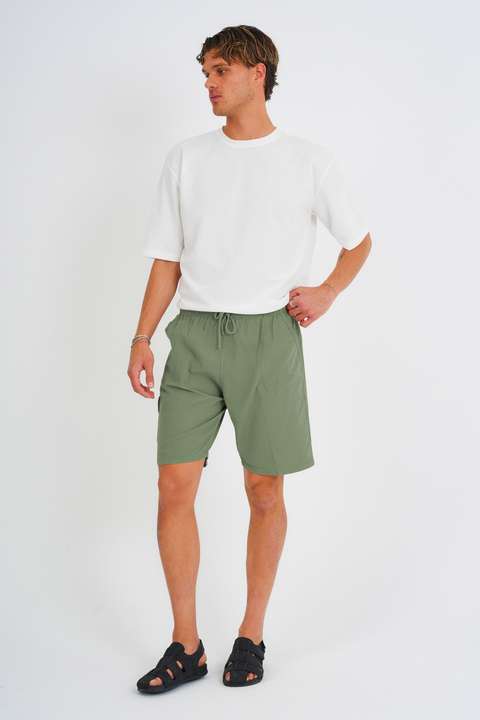 Haki Yazlık Keten Görünümlü Kargo Cep Lastikli, Bol Kesim Koyu Gri Şort E201