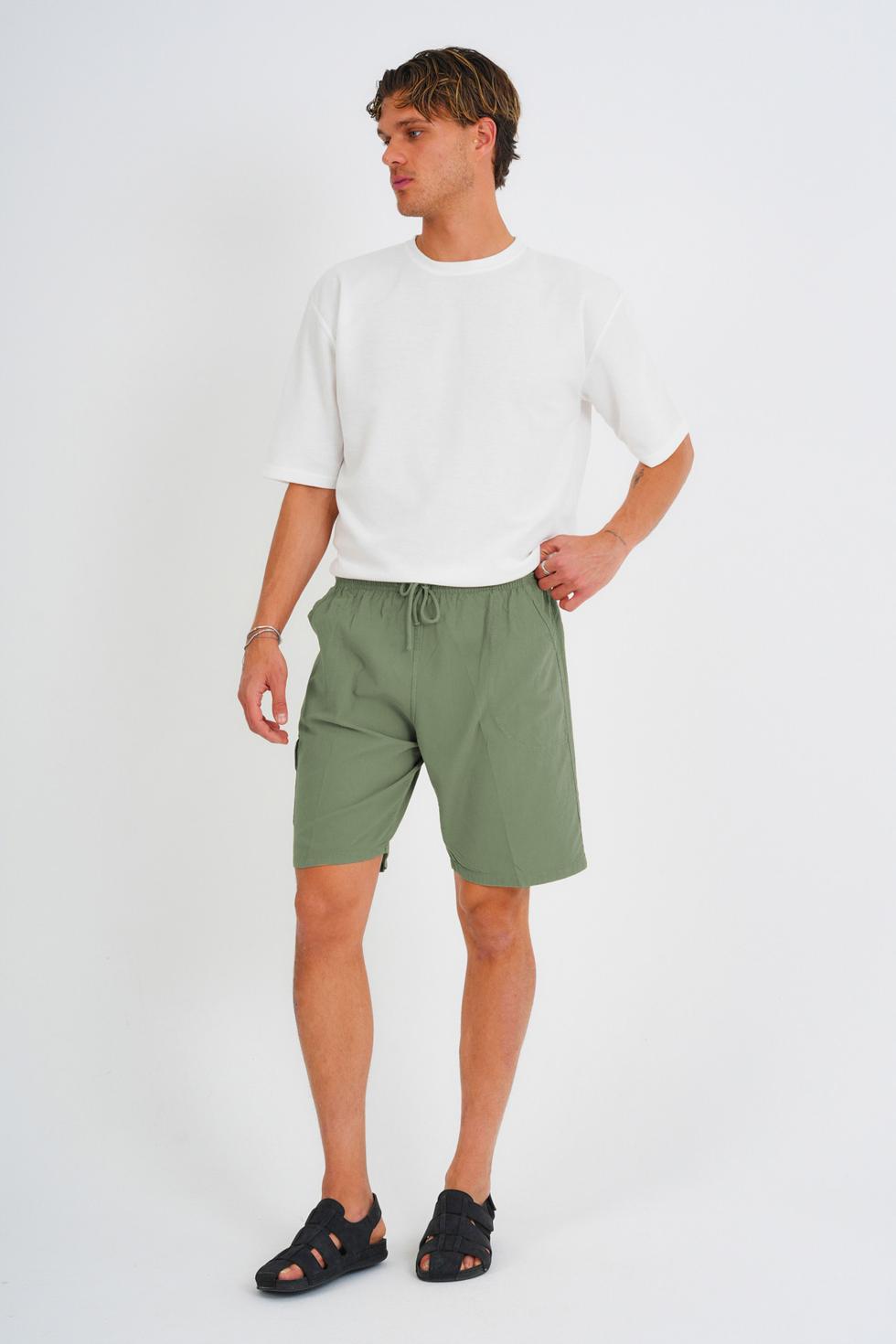 Yazlık Keten Görünümlü Kargo Cep Lastikli, Bol Kesim Şort