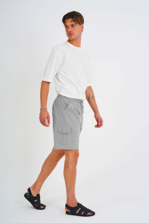 Açık Gri Yazlık Keten Görünümlü Kargo Cep Lastikli, Bol Kesim Koyu Gri Şort E201