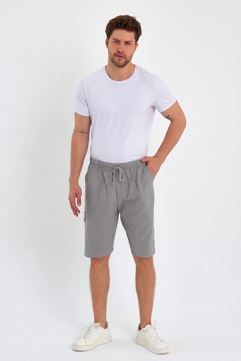 Yazlık Keten Görünümlü Kargo Cep Lastikli, Bol Kesim Şort