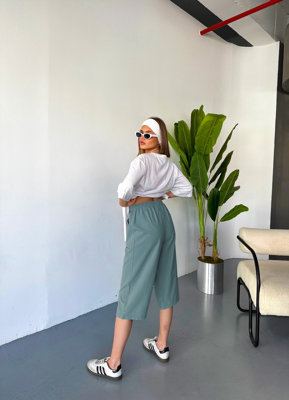 Kadın Büyük Beden Yüksek Bel Keten Görünümlü %100 Pamuk Kapri