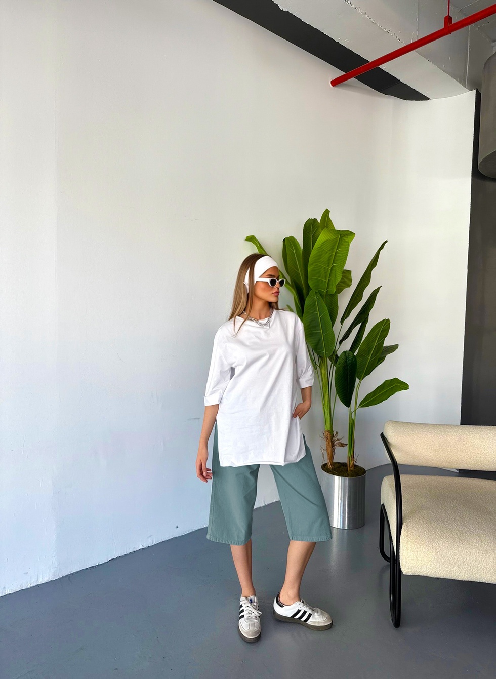 Kadın Büyük Beden Yüksek Bel Keten Görünümlü %100 Pamuk Kapri