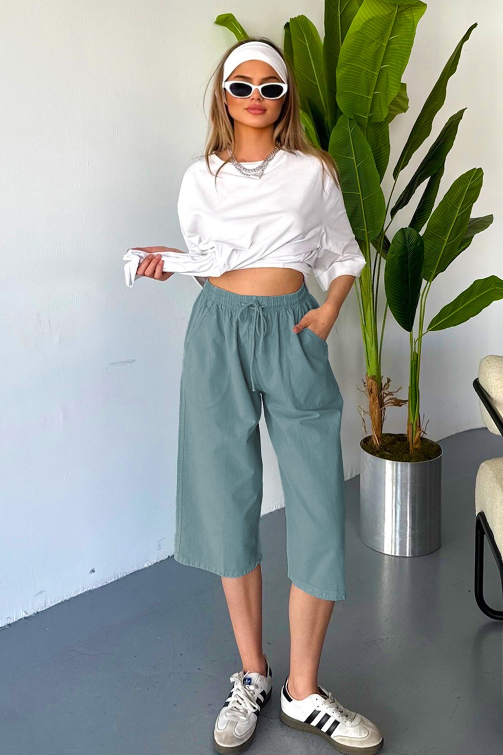 Kadın Büyük Beden Yüksek Bel Keten Görünümlü %100 Pamuk Kapri
