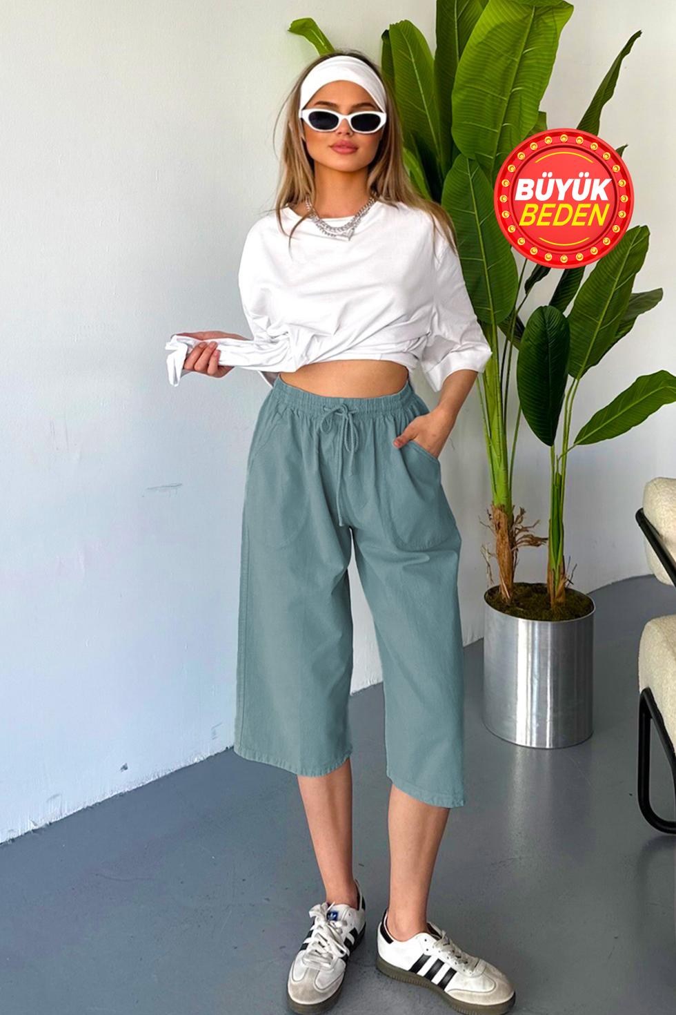 Kadın Büyük Beden Yüksek Bel Keten Görünümlü %100 Pamuk Kapri