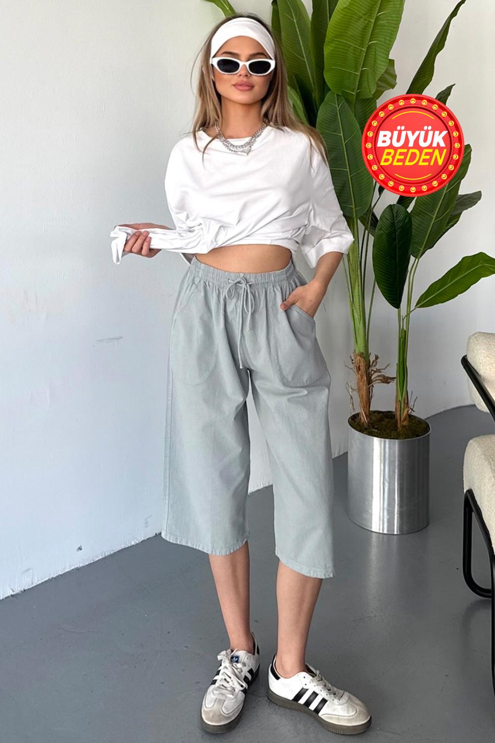 Kadın Büyük Beden Yüksek Bel Keten Görünümlü %100 Pamuk Kapri