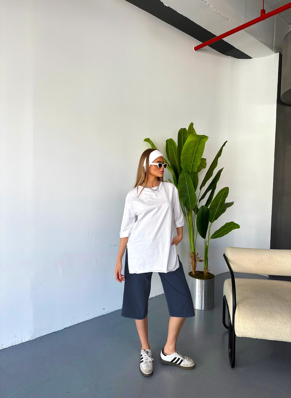 Kadın Büyük Beden Yüksek Bel Keten Görünümlü %100 Pamuk Kapri