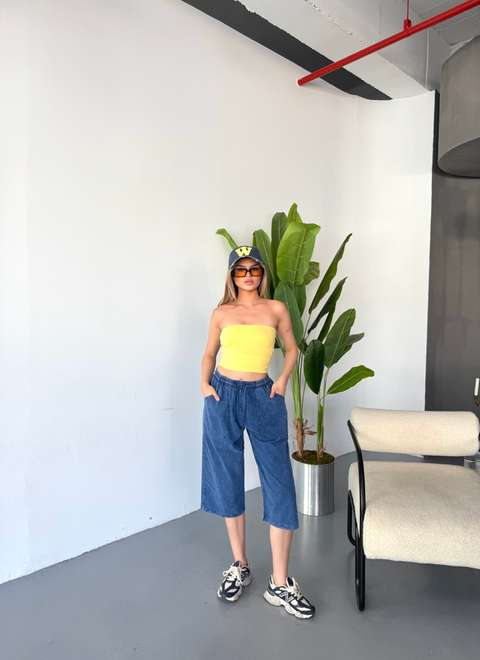 Kot Mavi Kadın Büyük Beden Yüksek Bel Keten Görünümlü %100 Pamuk Kapri W203