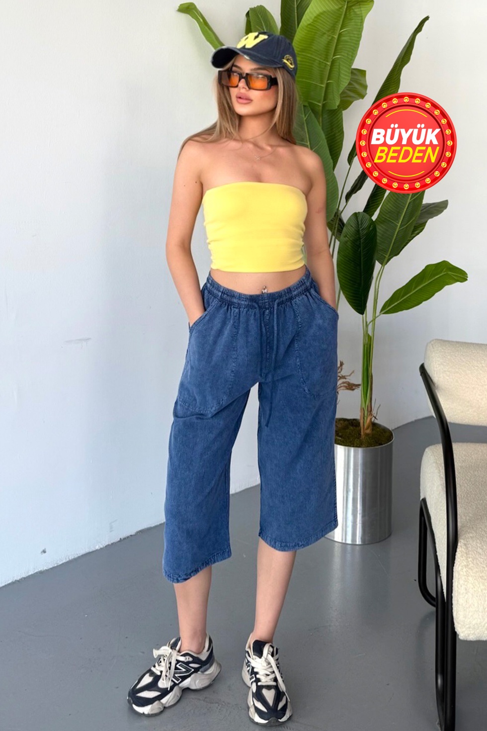 Kadın Büyük Beden Yüksek Bel Keten Görünümlü %100 Pamuk Kapri