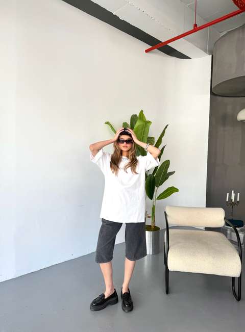 Kot Siyah Kadın Büyük Beden Yüksek Bel Keten Görünümlü %100 Pamuk Kapri W203