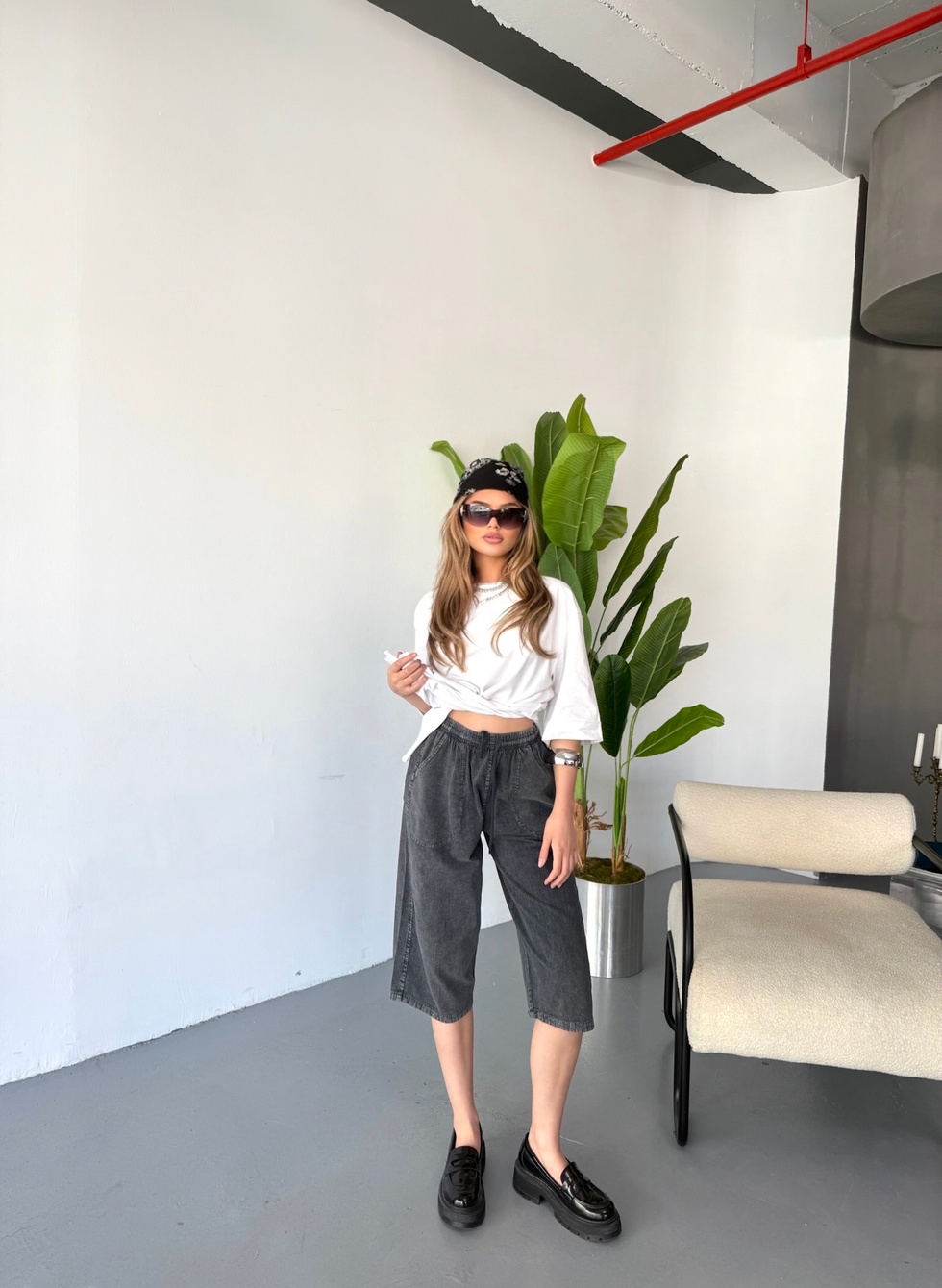 Kadın Büyük Beden Yüksek Bel Keten Görünümlü %100 Pamuk Kapri