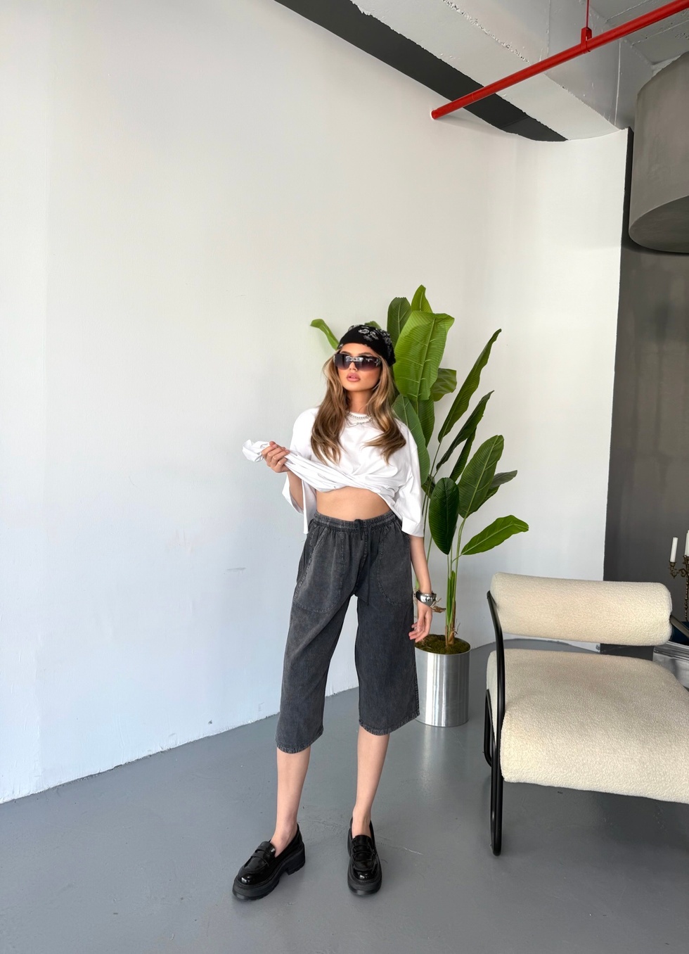 Kadın Büyük Beden Yüksek Bel Keten Görünümlü %100 Pamuk Kapri