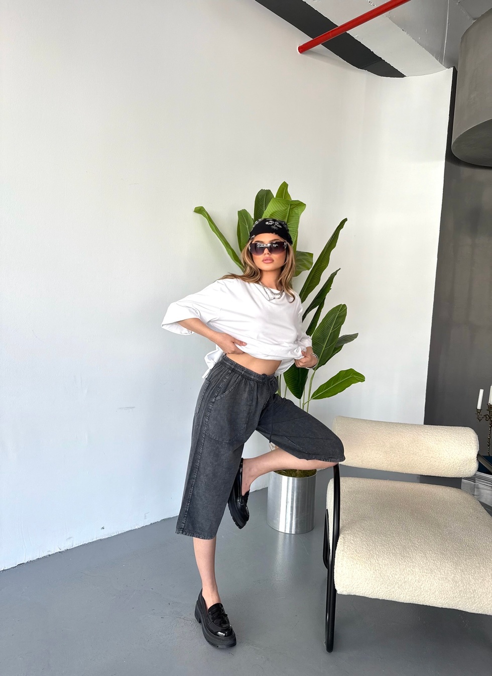 Kadın Büyük Beden Yüksek Bel Keten Görünümlü %100 Pamuk Kapri