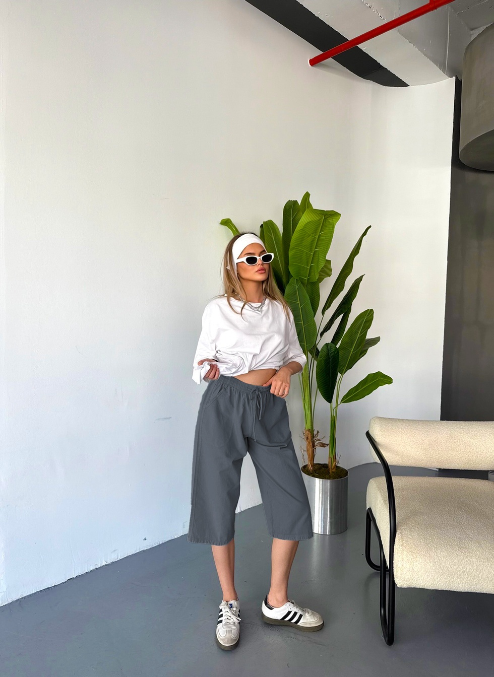 Kadın Büyük Beden Yüksek Bel Keten Görünümlü %100 Pamuk Kapri