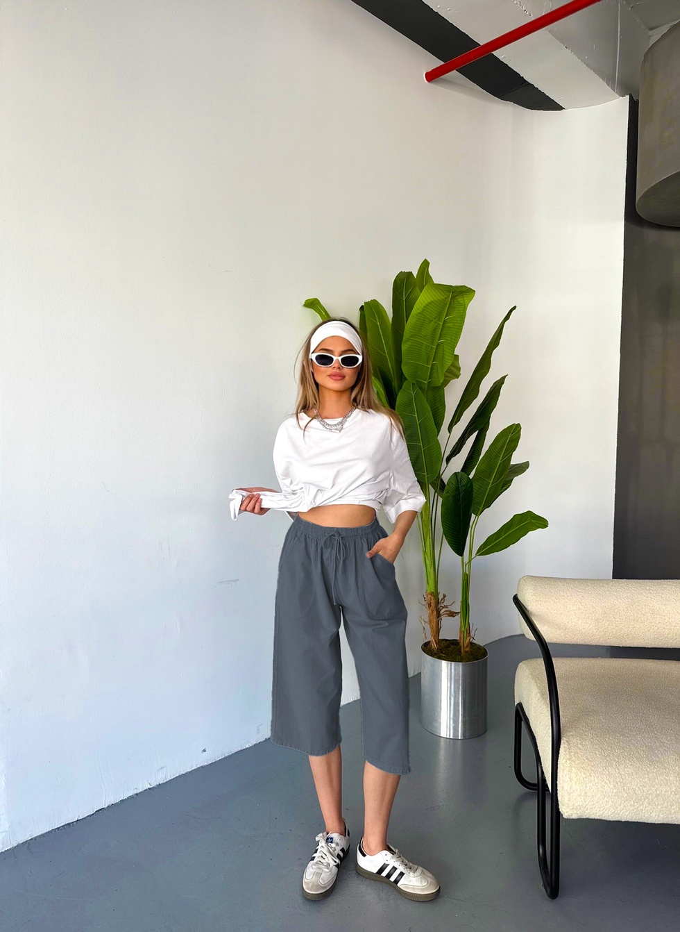 Kadın Büyük Beden Yüksek Bel Keten Görünümlü %100 Pamuk Kapri