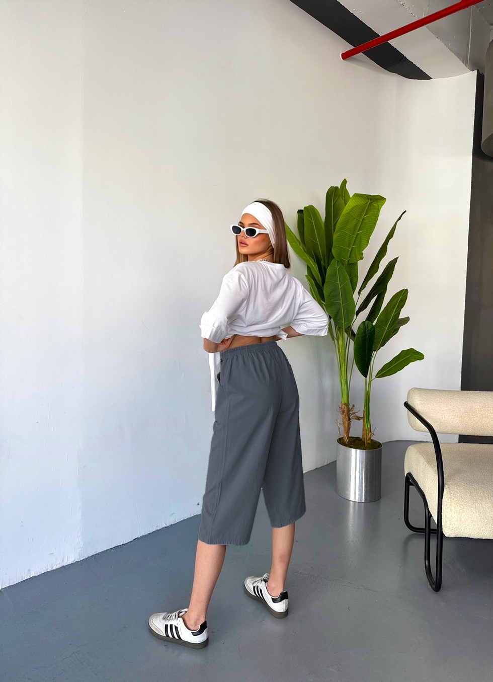 Kadın Büyük Beden Yüksek Bel Keten Görünümlü %100 Pamuk Kapri