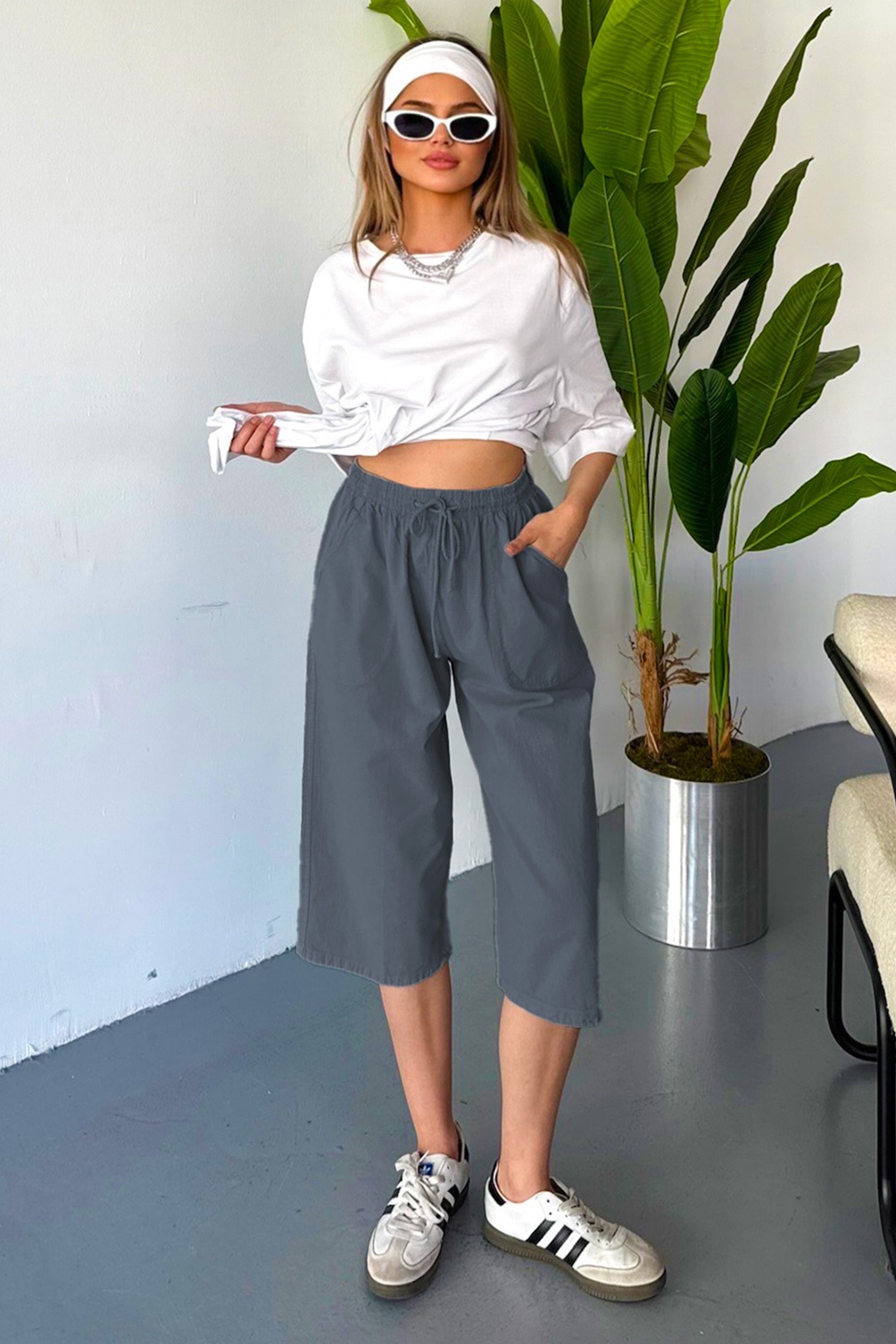 Kadın Büyük Beden Yüksek Bel Keten Görünümlü %100 Pamuk Kapri