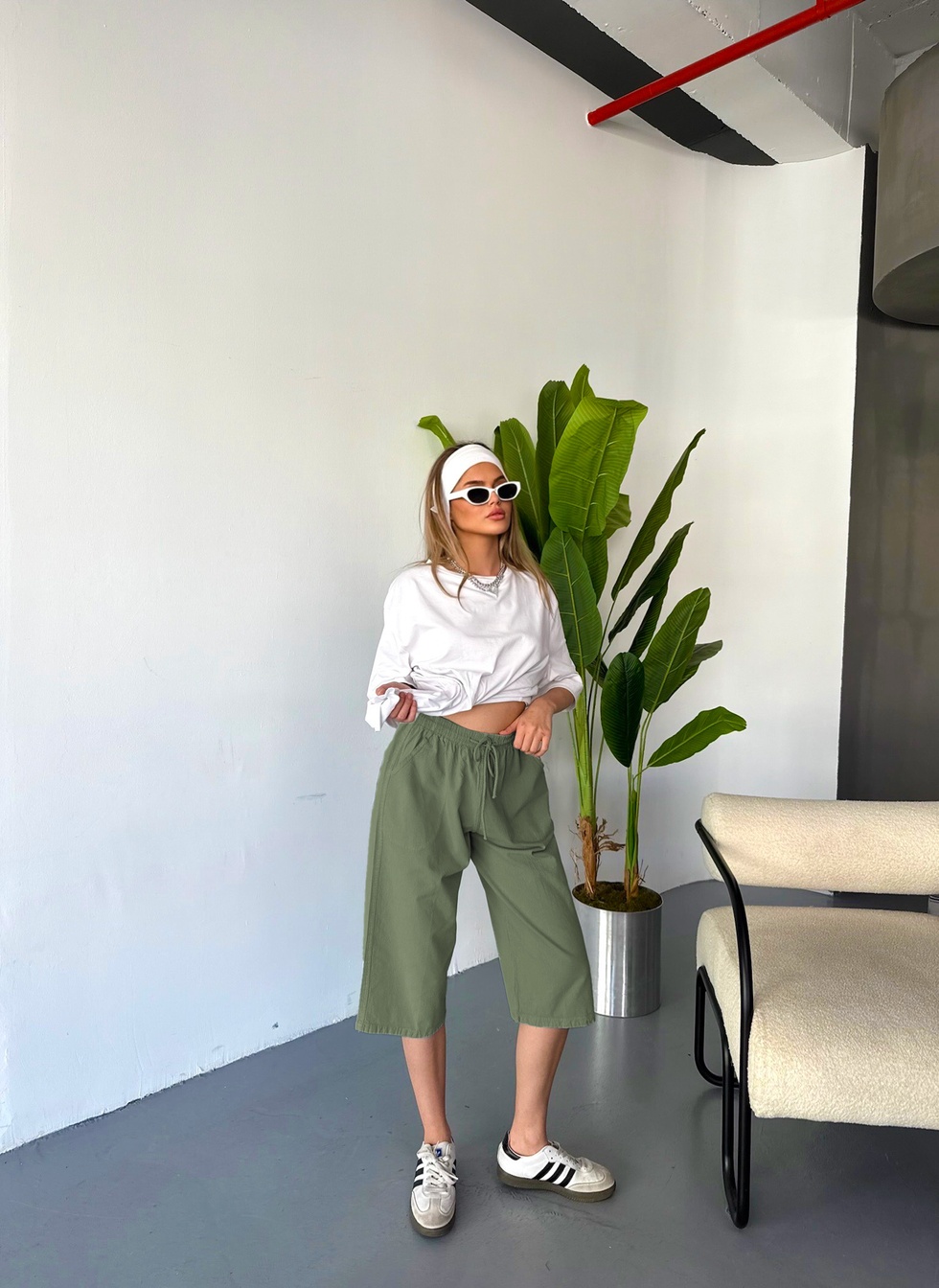 Kadın Büyük Beden Yüksek Bel Keten Görünümlü %100 Pamuk Kapri