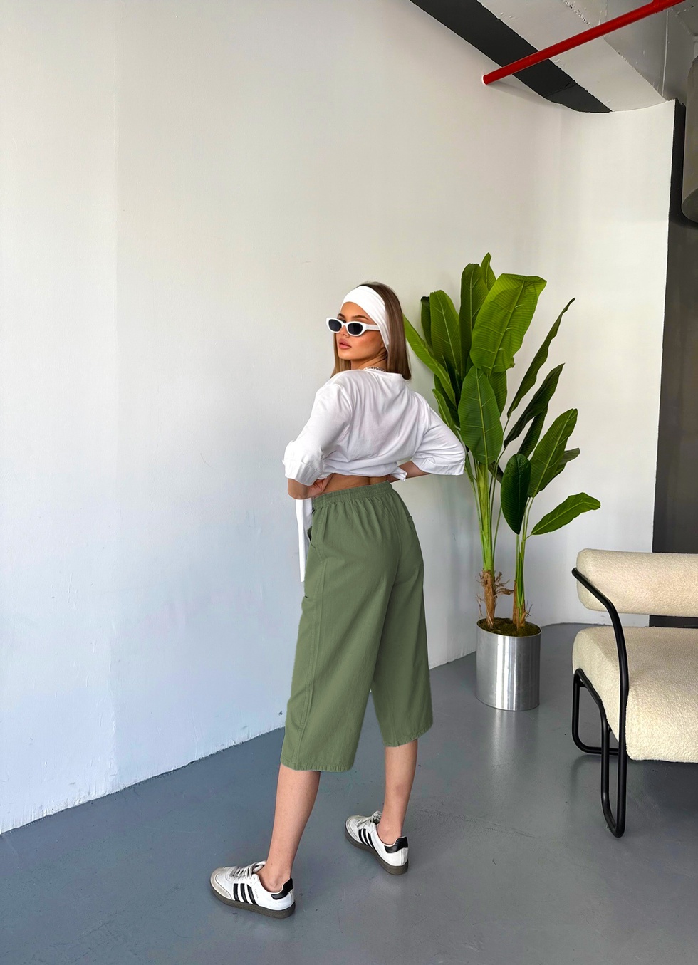 Kadın Büyük Beden Yüksek Bel Keten Görünümlü %100 Pamuk Kapri