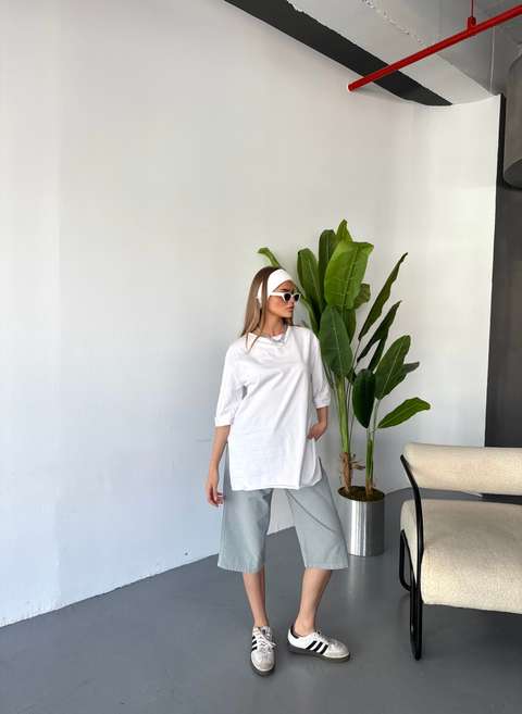 Ekru Kadın Büyük Beden Yüksek Bel Keten Görünümlü %100 Pamuk Kapri W203