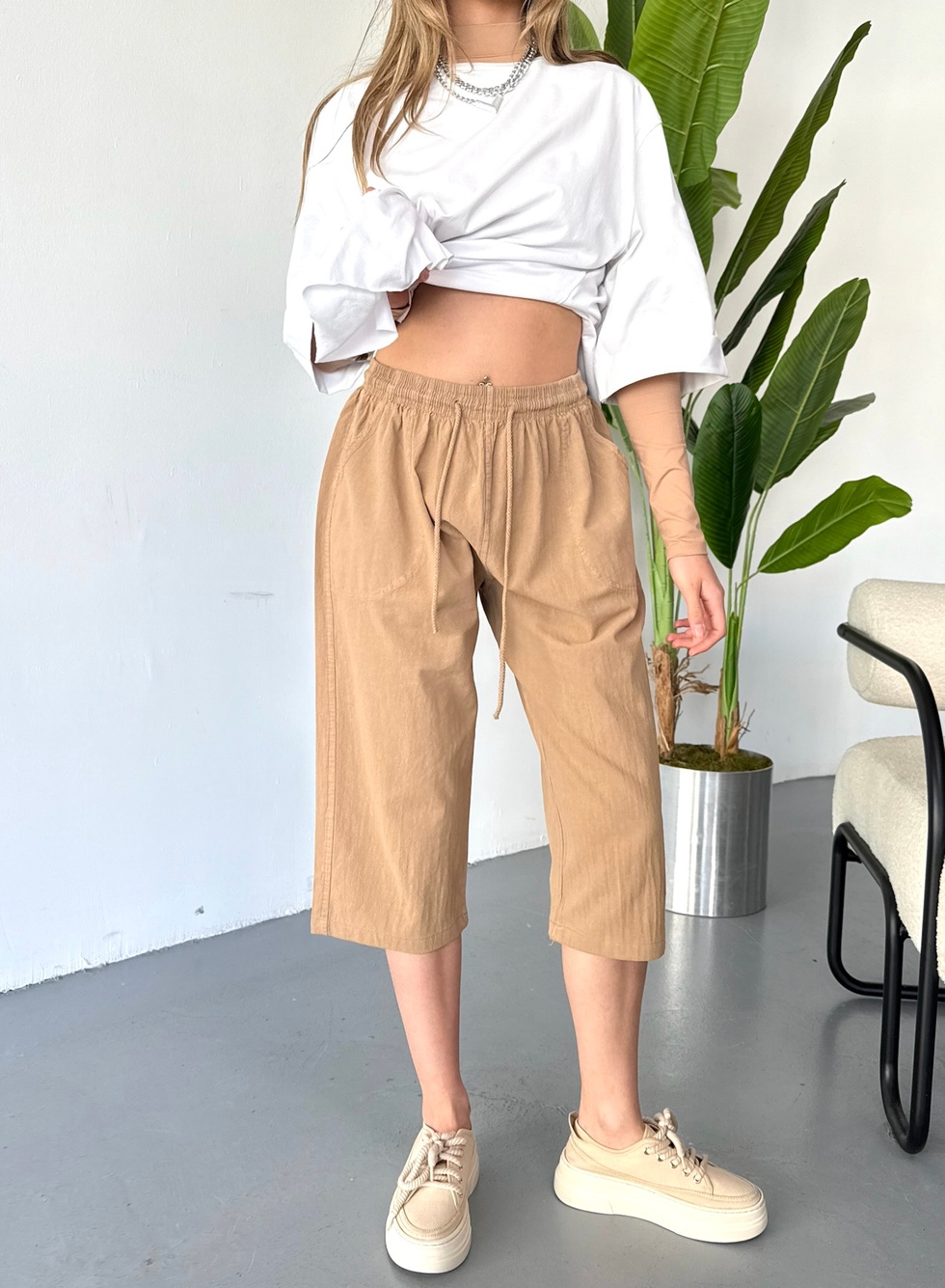 Kadın Büyük Beden Yüksek Bel Keten Görünümlü %100 Pamuk Kapri