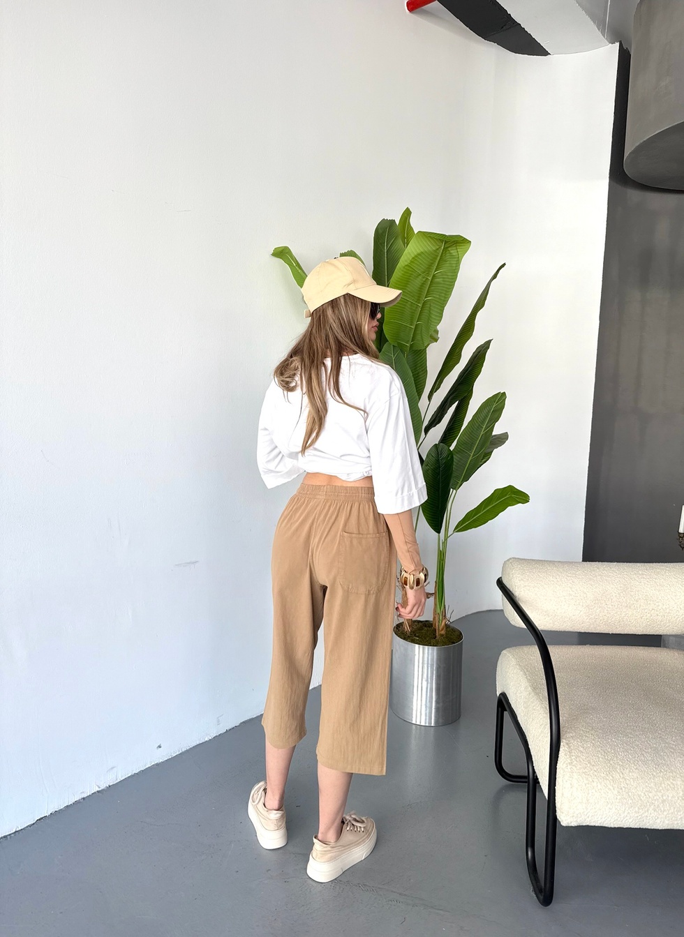 Kadın Büyük Beden Yüksek Bel Keten Görünümlü %100 Pamuk Kapri