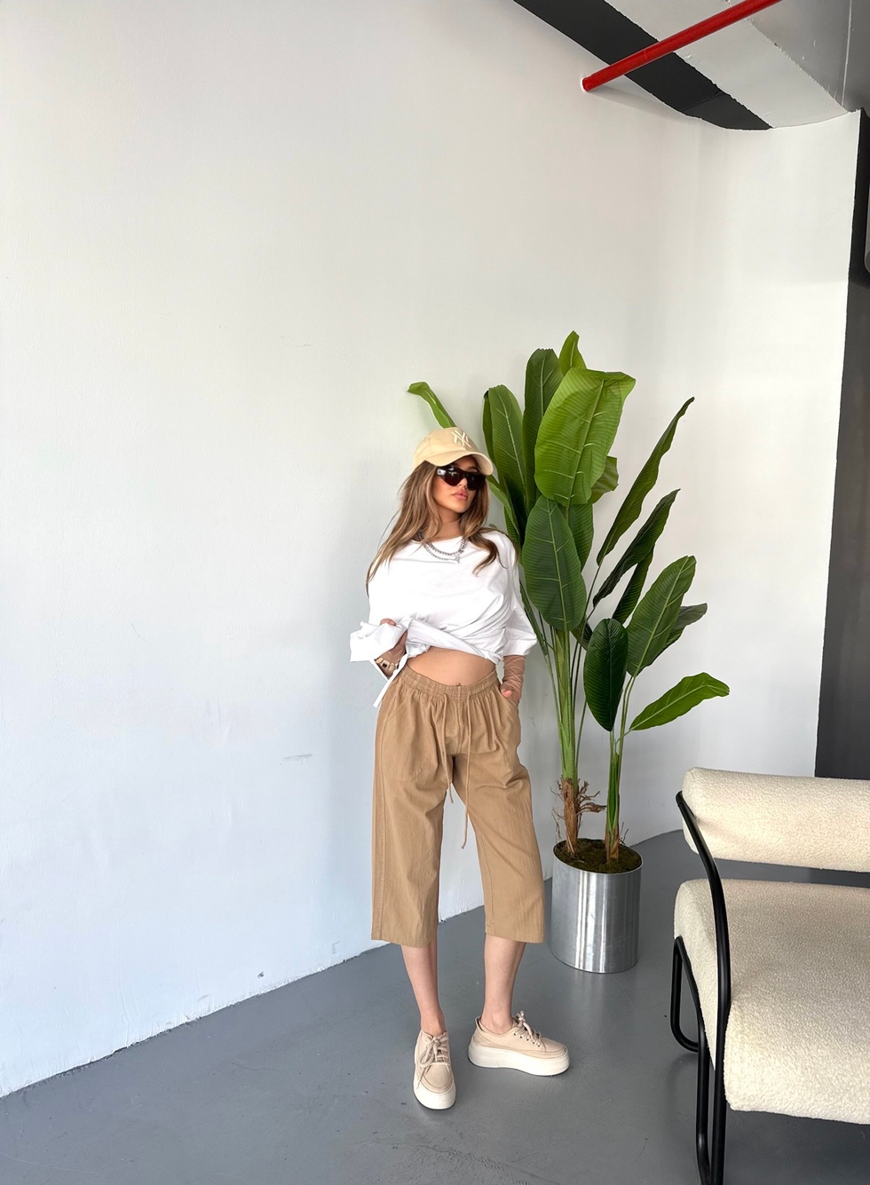 Kadın Büyük Beden Yüksek Bel Keten Görünümlü %100 Pamuk Kapri