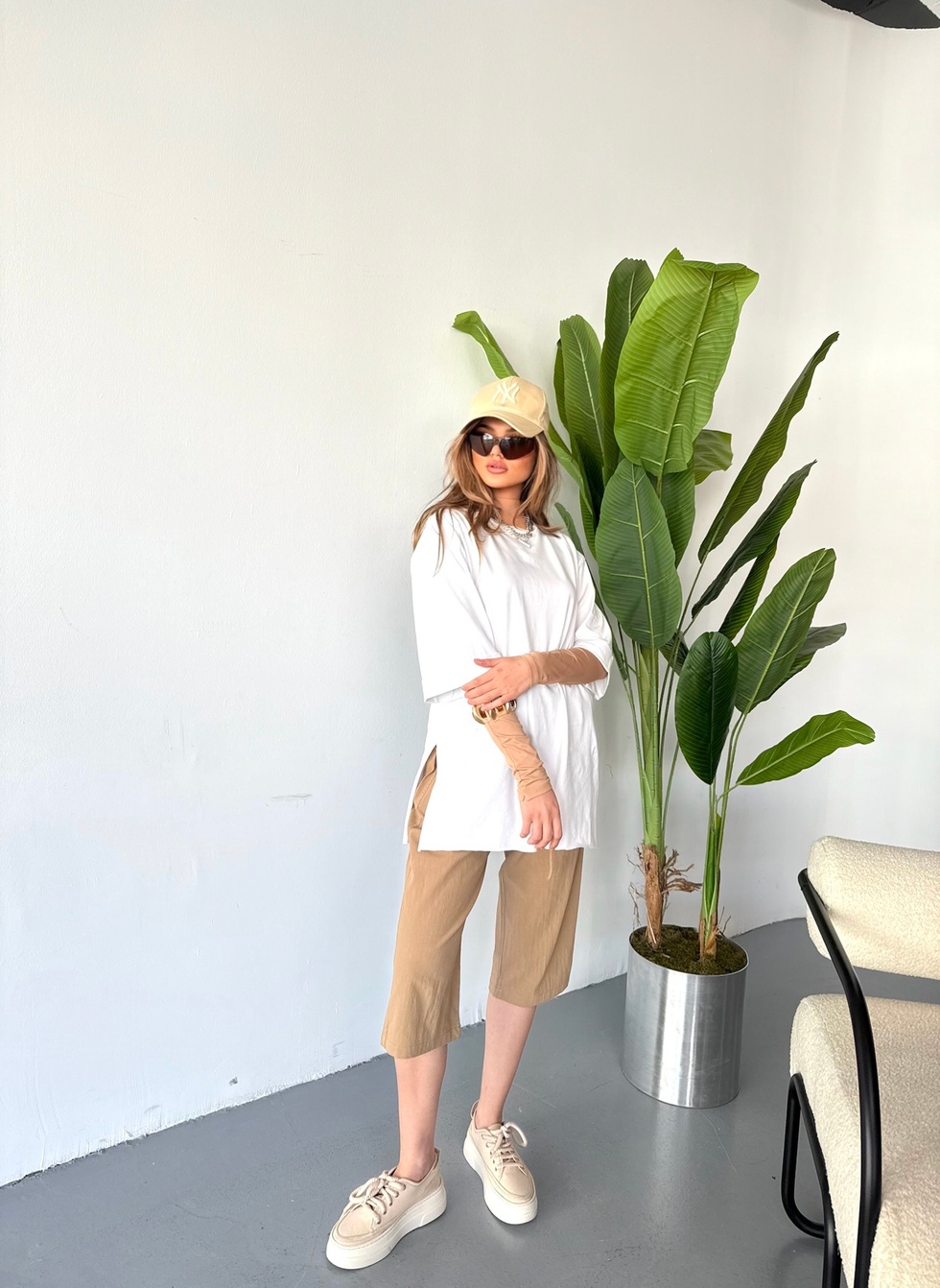 Kadın Büyük Beden Yüksek Bel Keten Görünümlü %100 Pamuk Kapri