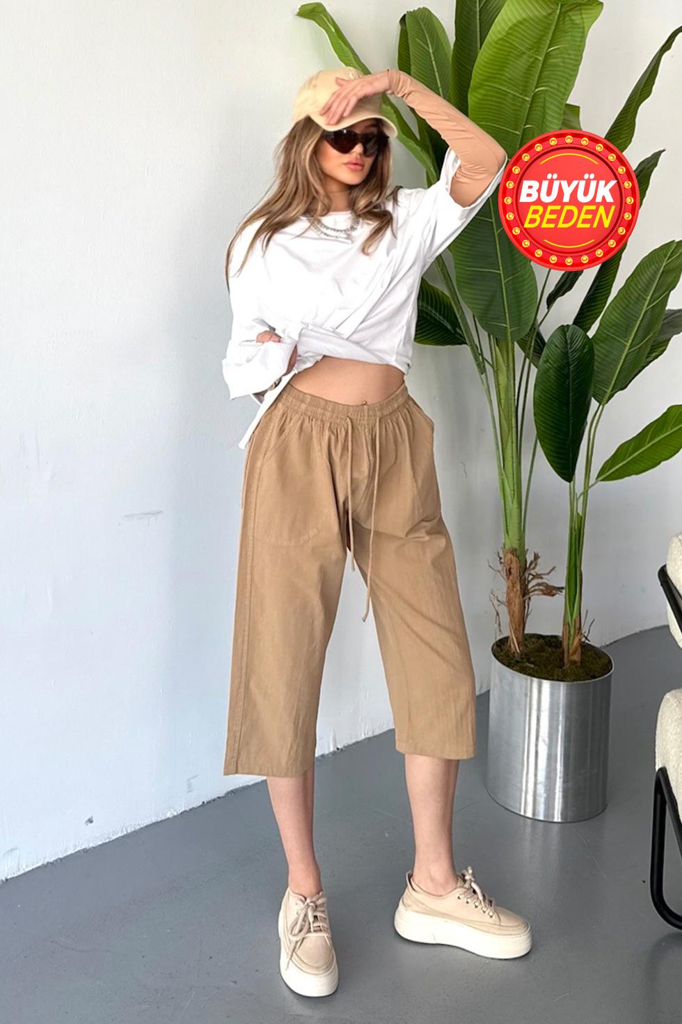 Kadın Büyük Beden Yüksek Bel Keten Görünümlü %100 Pamuk Kapri