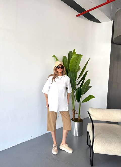 Bej Kadın Büyük Beden Yüksek Bel Keten Görünümlü %100 Pamuk Kapri W203