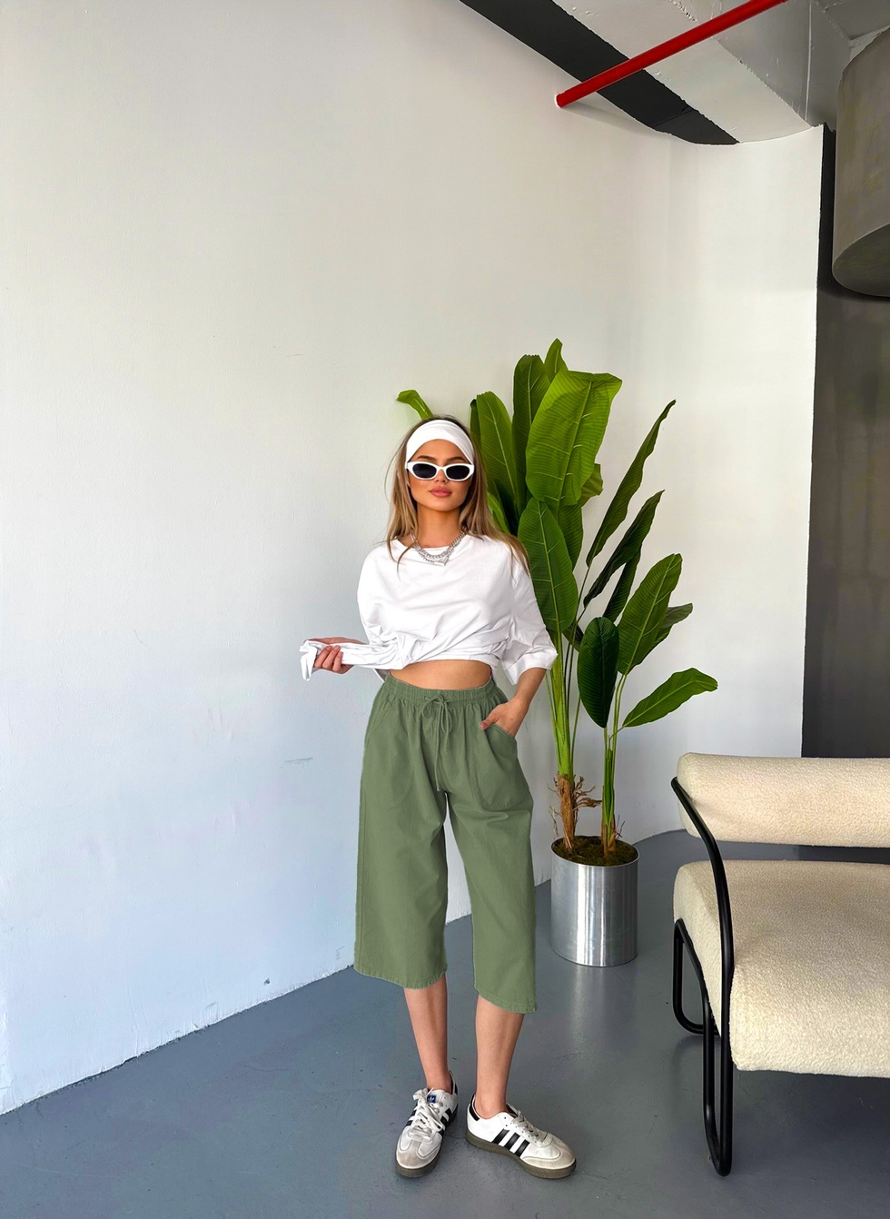 Kadın Büyük Beden Yüksek Bel Keten Görünümlü %100 Pamuk Kapri